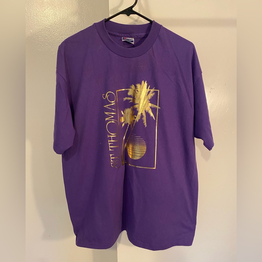 1980s Purple Graphic T-Shirt with Palm Tree Design